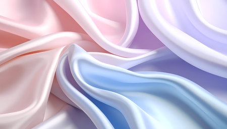 Elegant and soft abstract background of iridescent satin fabric. smooth, flowing pink and blue pastel waves and gentle folds create calm and luxurious flowing textureの素材