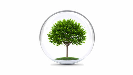 Green tree inside glass globe concept of nature protection and environment growth. hopeful symbol for clean future and sustainability. pure idea isolated on white backgroundの素材