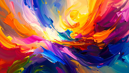 Joyful abstract painting background with vibrant, colorful brushstroke texture. This modern art features an expressive, dynamic mix of oil paint in creative compositionの素材
