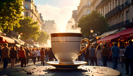 Surreal morning scene with giant steaming teacup on busy city street in Paris. crowd of people walks by in warm sunlight, creating whimsical beverage conceptの素材