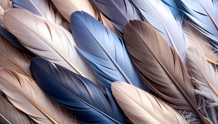 Serene background of soft blue feather texture. delicate natural pattern with elegant plumes shows macro detail, calm and gentle abstract design ideal for wallpaperの素材