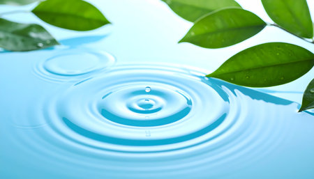Serene water drop creating perfect ripple on clear blue surface. fresh green leaf in nature evokes calm and clean feeling for spa and wellness conceptsの素材