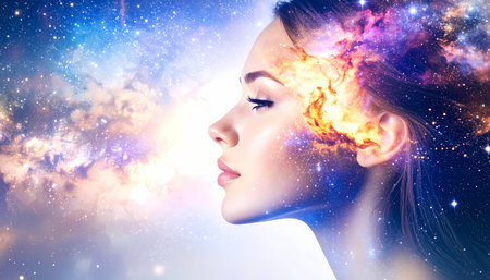 Serene woman profile with universe in her mind. concept of consciousness, creativity, and imagination. Abstract art showing galaxy of thought and powerful cosmic energyの素材