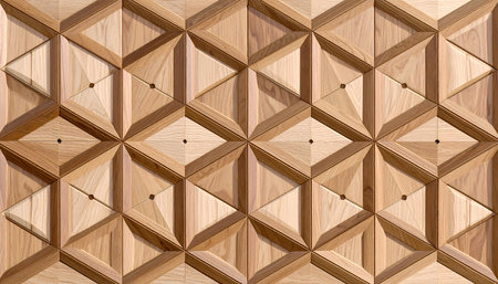 Detailed close up of modern architectural wood panel with an intricate geometric 3D pattern. elegant background texture features tessellation of triangle and hexagon shapesの素材