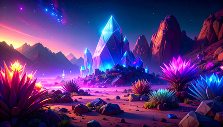 Magical glowing neon crystal on fantasy desert landscape. Serene alien planet with surreal mountains under vibrant sky, evoking deep sense of mystical wonder and aweの素材