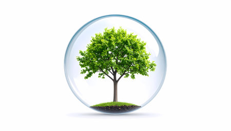 Hopeful concept of green tree growing in protective clear bubble. representation of environmental conservation, nature preservation, and fragile beauty of lifeの素材