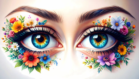 Serene woman with beautiful blue eye features creative floral makeup. Colorful art representing whimsical fantasy concept, unique beauty look with vibrant flower detailsの素材