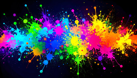 Colorful abstract paint splash on dark background. vibrant, creative art design with rainbow ink splatters expressing joy and energy. Messy but beautiful textureの素材