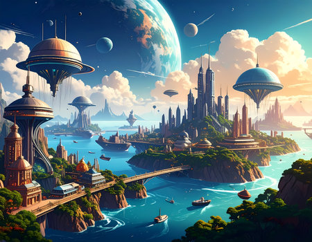 Awe inspiring futuristic city on coastal landscape under an alien planet sky. Advanced flying vehicle and skyscraper populate this utopian sci fi world with bridge over oceanの素材