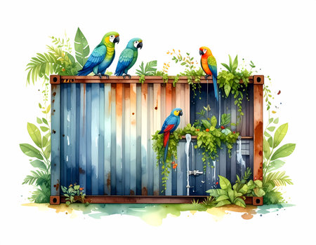Vibrant watercolor illustration of colorful parrot and macaw bird wildlife on an abandoned shipping container. Nature and lush green plant life reclaim rusty cargo in serene sceneの素材