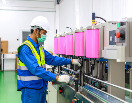 Focused Asian factory worker in safety helmet and face mask operating industrial machinery. adult male engineer in uniform works on manufacturing production lineの素材