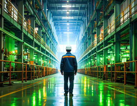 Lone male engineer or worker stands in vast, futuristic industrial factory hall. Man in helmet shows contemplation, looking toward bright light in modern warehouseの素材