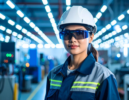 Confident professional Asian woman engineer in modern factory. female worker wearing safety uniform, hardhat, and protective glasses in an industrial workplace settingの素材