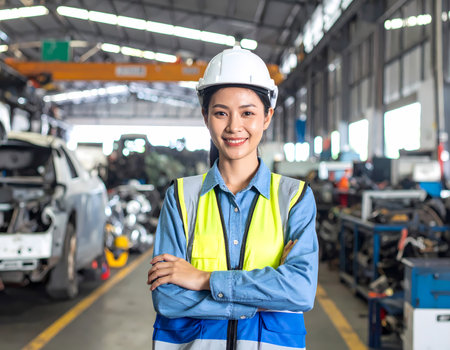 Confident smiling asian woman engineer worker inside factory. professional industrial portrait of female manager wearing hard hat, arms crossed and looking at cameraの素材