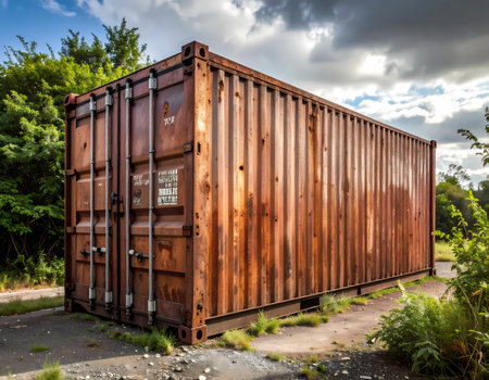 Old, rusty, weathered shipping container for cargo and freight sits abandoned outdoor. This industrial metal box conveys forgotten and solitary feeling against natural backdropの素材