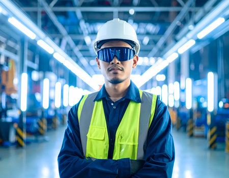 Portrait of confident asian worker, professional engineer in modern factory. Male technician with hard hat and safety glasses stands for industrial safetyの素材