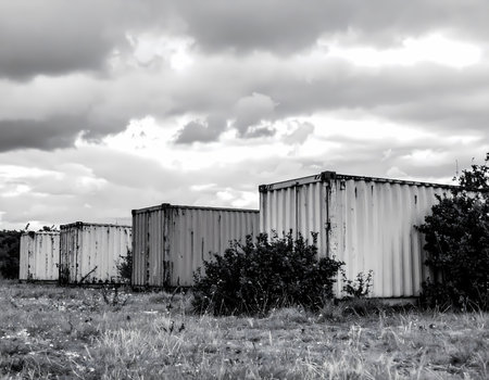 Moody black and white view of old metal cargo containers for storage outdoors. desolate scene with dramatic cloudy sky creates feeling of abandonment and decayの素材