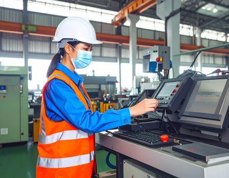 Focused female worker, an engineer or operator, at manufacturing factory. Woman works on production machine with safety equipment in industry workplaceの素材