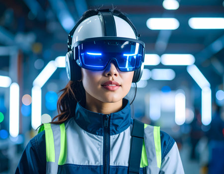 Focused woman engineer in factory wearing helmet and futuristic augmented reality goggle. female worker using future technology for industry with serious expressionの素材