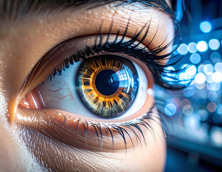 Intense macro close up of human eye with futuristic vision. cybernetic iris reflects advanced technology, showing glimpse into bionic future of humanityの素材