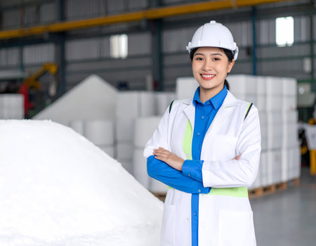 Confident smiling asian woman engineer professional standing with arms crossed in factory. Happy female worker in hard hat and lab coat poses in industrial warehouse with raw materialの素材
