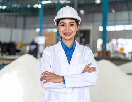 Confident smiling Asian woman engineer professional standing with arms crossed in factory. This worker in hard hat and lab coat represents industrial safety and managementの素材