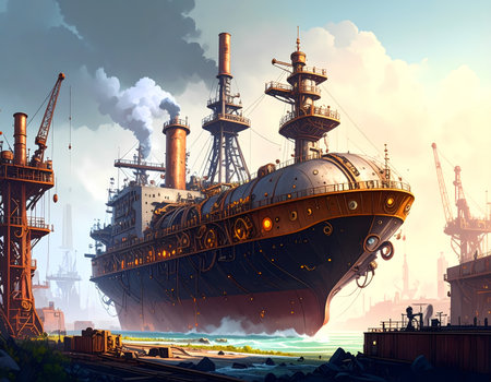 Awe inspiring steampunk ship with steam engine technology at industrial shipyard. Fantasy cranes and powerful machinery evoke sense of grand adventure and wonder at sunriseの素材