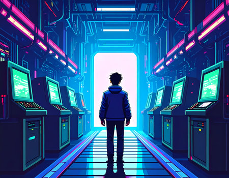 Person stands in futuristic cyberpunk hallway filled with neon light from arcade game machines. look of anticipation facing virtual technology and bright entranceの素材