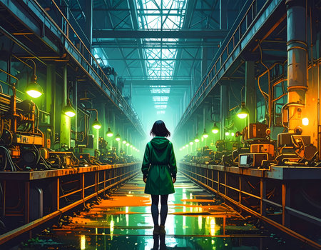 Contemplative woman walking alone through vast futuristic industrial factory. Rows of machinery glow under dramatic light, with reflection on wet floorの素材
