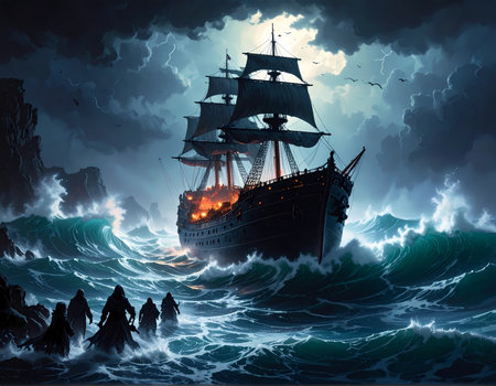 Dramatic illustration of sailing ship on fire in perilous stormy sea. Survivors escape dark ocean as lightning flashes across cloudy night skyの素材