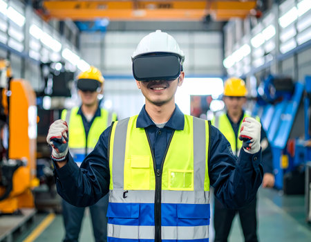 Smiling Asian engineer worker man using virtual reality headset for future technology simulation inside factory. Concept for industry 4.0 and modern innovation in workplaceの素材