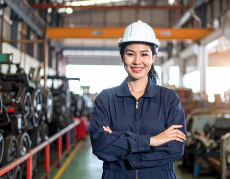 Confident smiling asian female engineer in blue coverall and hard hat standing with arm crossed at factory. Professional woman worker in industrial plant with machineryの素材