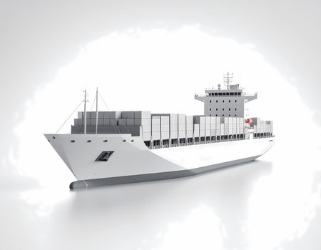 Large white cargo ship with container for global transportation and logistics. Freight vessel for international shipping, import, export, and maritime trade. 3D render illustrationの素材