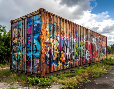 Rusty abandoned shipping container covered in colorful graffiti art. An urban outdoor scene shows vibrant street art on old metal cargo container against cloudy skyの素材