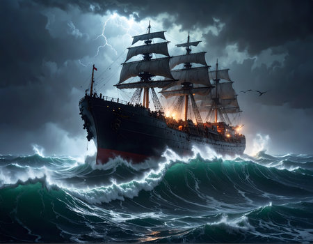 Dramatic old ship sailing on dark ocean during perilous storm. Large wave crash against vessel during lightning strike, dangerous and intense adventure at seaの素材