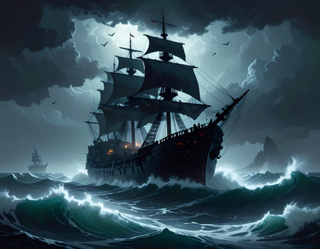Dramatic pirate galleon sailing through powerful storm on sea at night. historic ship battles huge ocean waves under dark, moody clouds, conveying feeling of adventureの素材