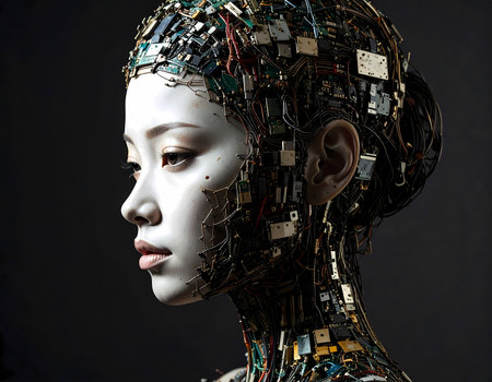 Pensive profile view of beautiful futuristic cyborg woman with circuit technology. An android robot face representing artificial intelligence and future of humanityの素材
