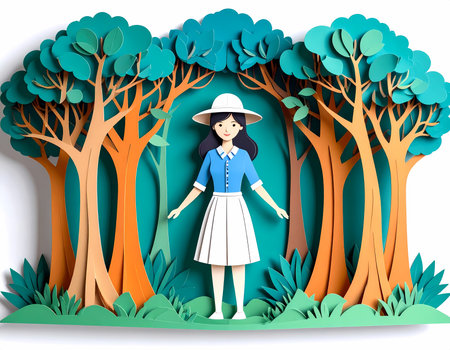 Happy young woman in white hat stands in serene forest. Beautiful paper art illustration with 3D cutout style and layered paper creating whimsical nature sceneの素材
