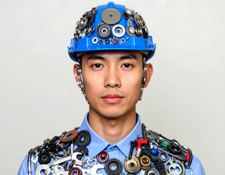 Creative portrait of serious young asian man, worker or engineer, wearing an industrial hard hat and vest decorated with mechanical gear, nut, bolt and toolの素材