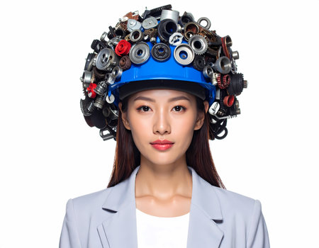 Confident young Asian woman engineer with blue hard hat, her head full of mechanical parts and gears. creative concept for industry, brainstorming, and complex ideasの素材
