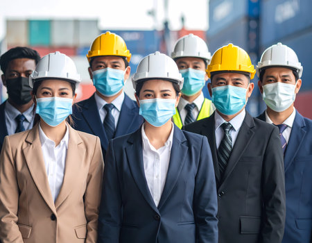 Confident group of diverse professional engineer and worker stand together. People wear face mask and hard hat with shipping container background, showing essential teamworkの素材