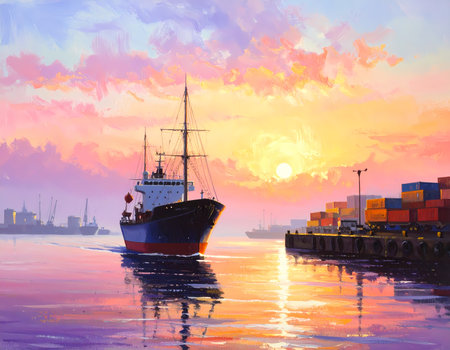 Tranquil cargo ship at port dock with container at sunset. Beautiful water reflection in harbor creates peaceful and hopeful scene for global trade and logistics industryの素材