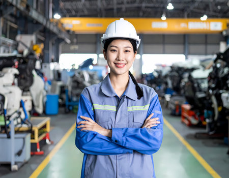 Confident professional Asian woman engineer smiling in factory. An industrial worker wearing hard hat and uniform with arms crossed, feeling happy and capable at plantの素材