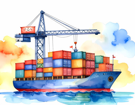 Friendly cargo ship illustration with smiling crane loading container vessel. This colorful watercolor freight transport on sea symbolizes global shipping and logisticsの素材