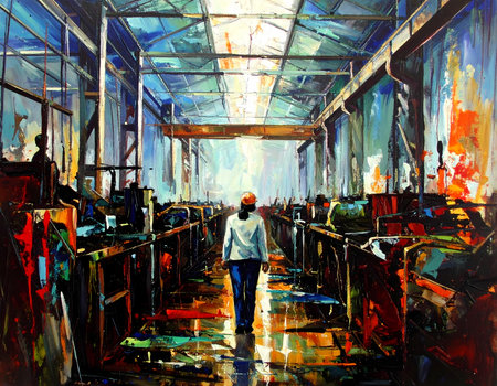 Contemplative person walking through vast industrial factory warehouse. Bright light streams from ceiling in this impressionistic oil painting, creating hopeful moodの素材