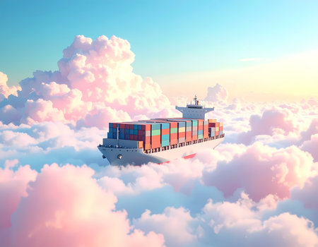 Serene container ship with cargo sails through fantasy dream sky of pink cloud. Surreal transportation and freight logistic concept for future global shipping and businessの素材