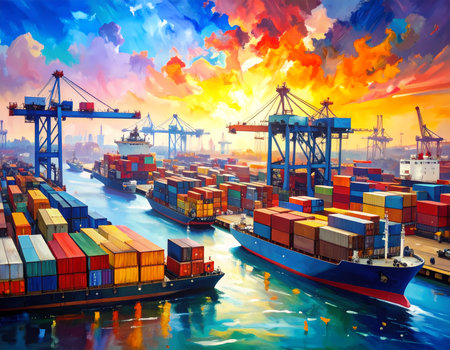 Busy shipping port with cargo ship and container at sunset. Colorful illustration of industrial harbor with crane for logistics, transport, and global businessの素材
