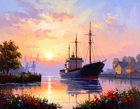 Tranquil painting of large ship during scenic sunset. Calm water reflects golden light from sky as vessel sails peacefully through harbor on journeyの素材