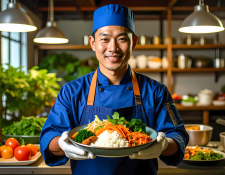 Happy professional Asian man chef smiling while holding plate of food. culinary expert in blue uniform proudly serving delicious meal inside modern restaurant kitchenの素材