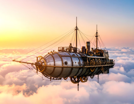 Majestic steampunk airship flying high above cloud during beautiful sunset. This fantasy vessel represents adventure and futuristic mode of transport in sky with sense of wonderの素材